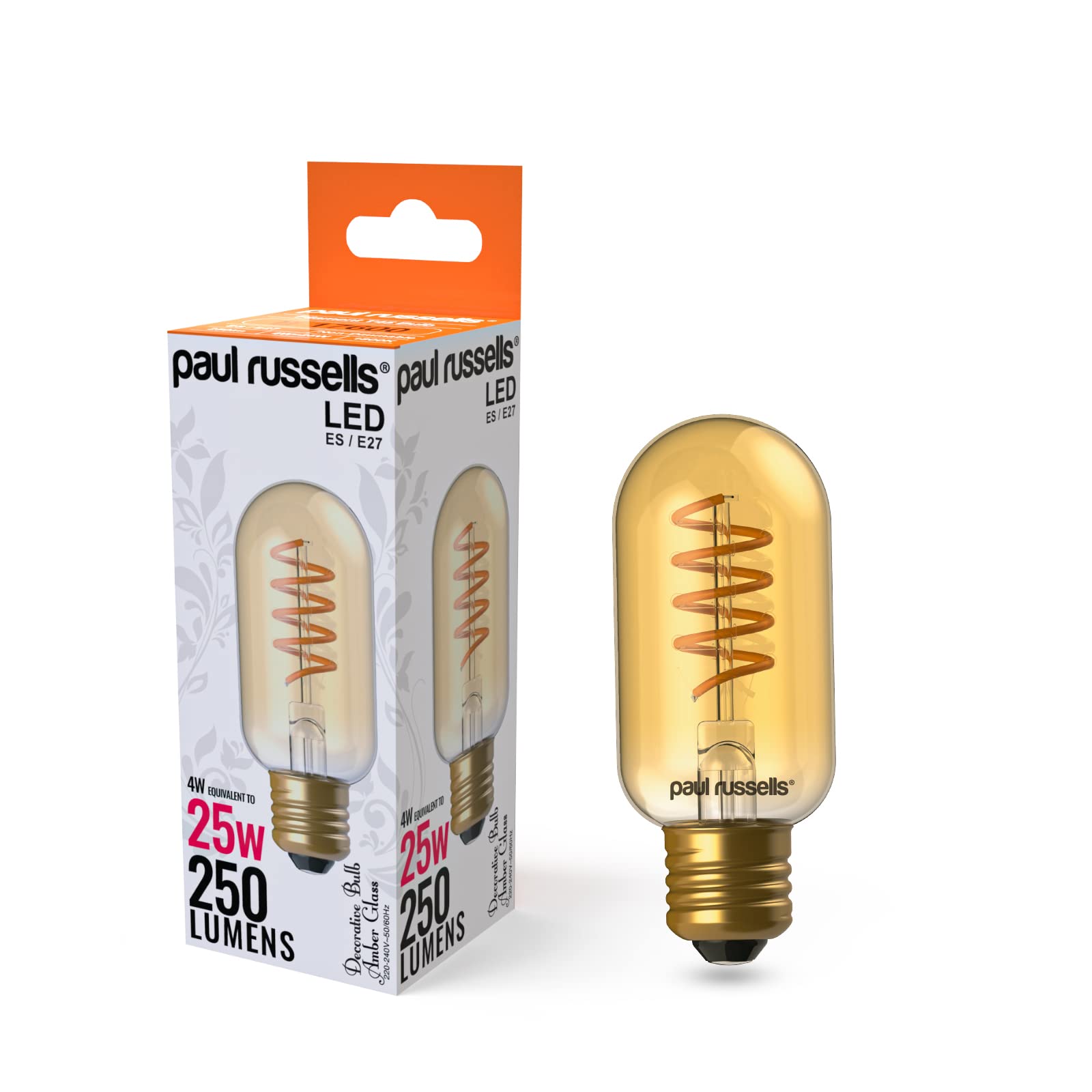 paul russells T45 LED Filament Edison Screw E27 Vintage Lights - Pack of 1 – 25W Equivalent Replacement 4W 250LM Lumens 1800K ES Decorative Cage Bulbs Non-Dimmable - Extra Warm White Retro