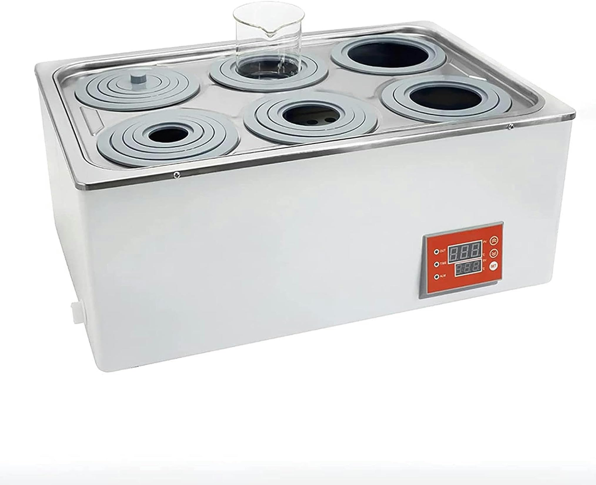 XENITE Bagnomaria da Laboratorio termostatico Digitale, previene l'ustione a Secco + con Aperture selezionabili + può Essere temporizzato, incrementi di 0,1°C, Temperatura Ambiente - 99,9°C, 2 Fori