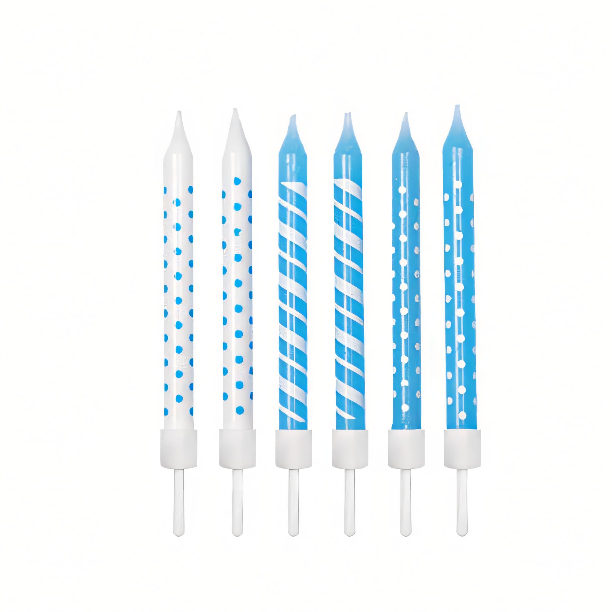 Anniversary house Birthday Candles Set of 12 - Polka Dot and Stripe Light Blue and White with Holders - Printed Party Cake Toppers and Decorations