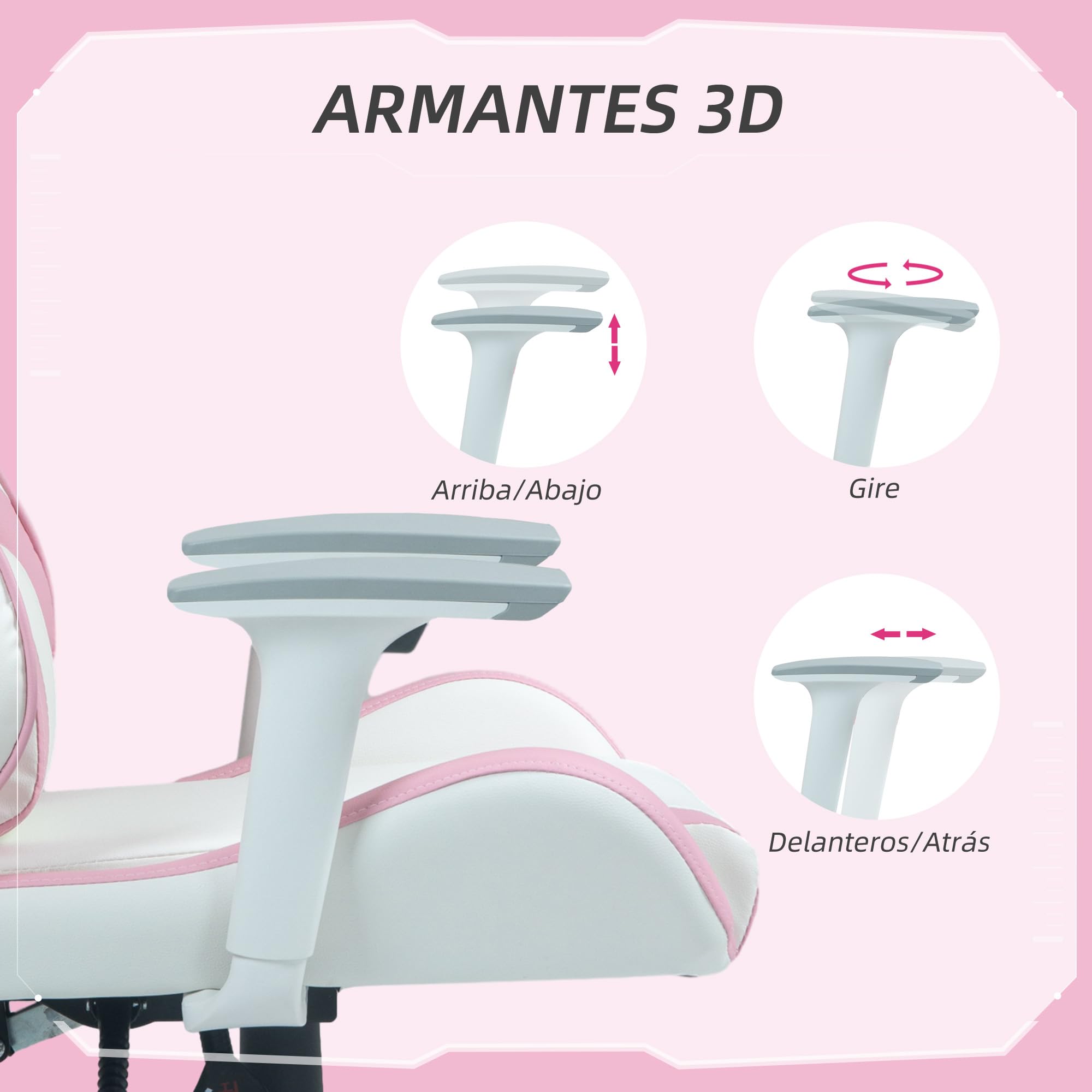 HOMCOM Silla Gaming Reclinable Silla Gamer Giratoria Silla de Oficina Basculante con Cojín Lumbar Reposabrazos 3D Reposacabezas Extraíble y Altura Ajustable 67x60x120-128 cm Blanco y Rosa