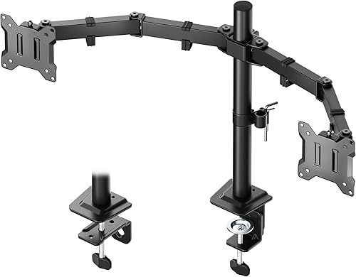 monTEK Soporte de monitor dual estable para pantallas de computadora de 17 a 32 pulgadas, soporte de escritorio resistente con 22 libras por brazo,