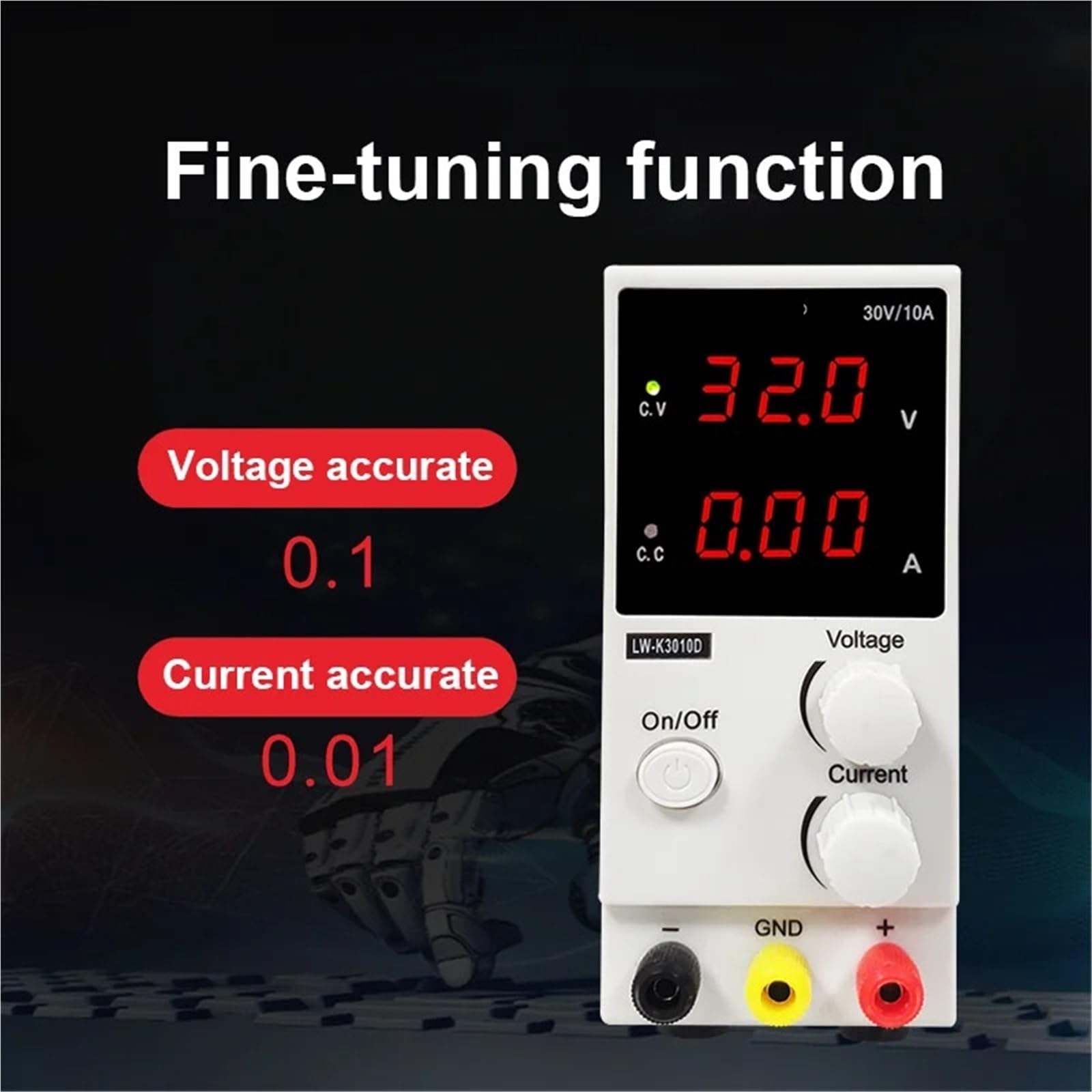 fuente de alimentación CC, Fuente de alimentación CC 3 LED, ajustable for laboratorio, con regulación voltaje