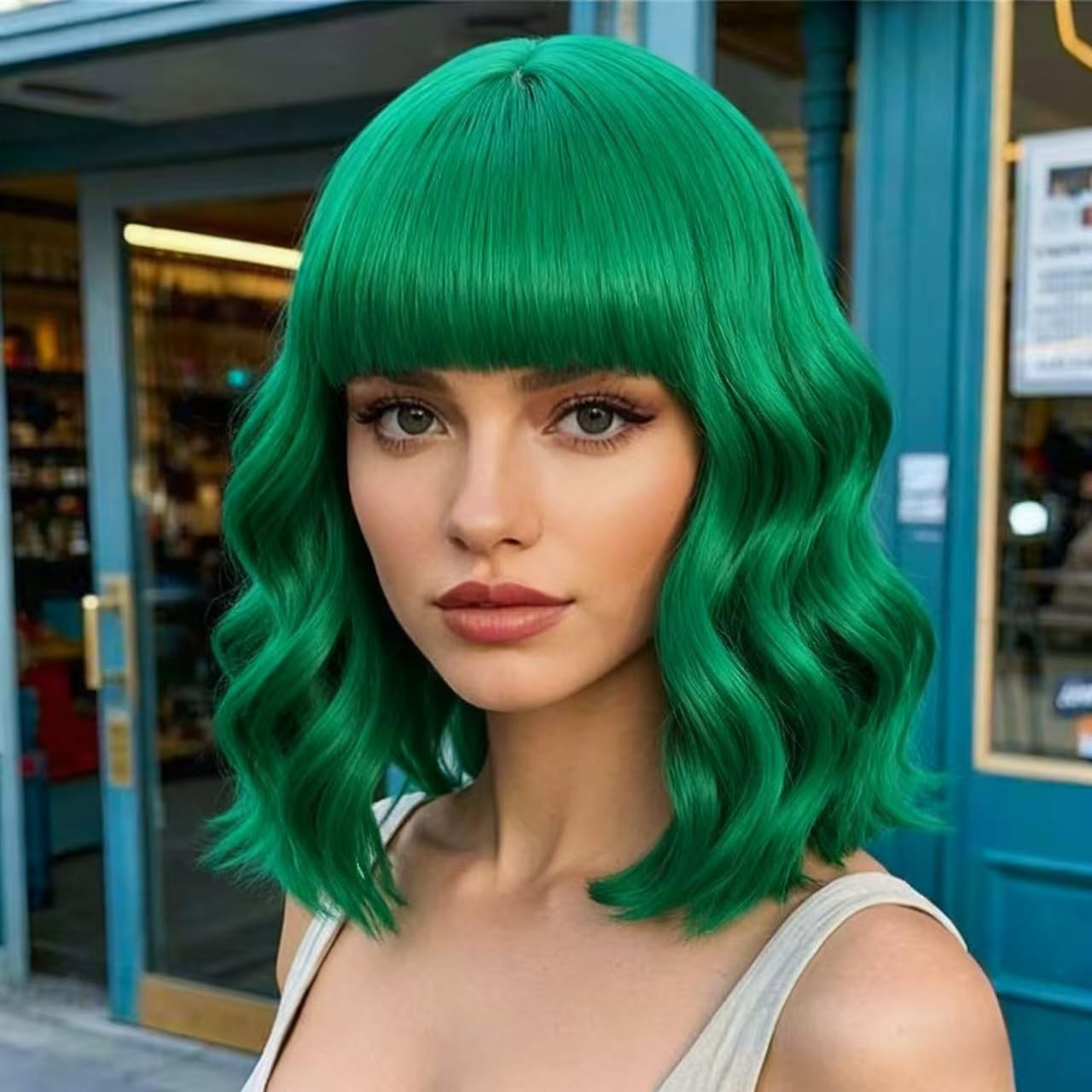 Green Wigs with Bangs for Women 14 Inch Short Wavy Bob Wigs With Bangs Synthetic Bob Wig Curly Wig Heat Resistant Colorful Wavy Wig for Cosplay Daily Party Use Halloween Wigs