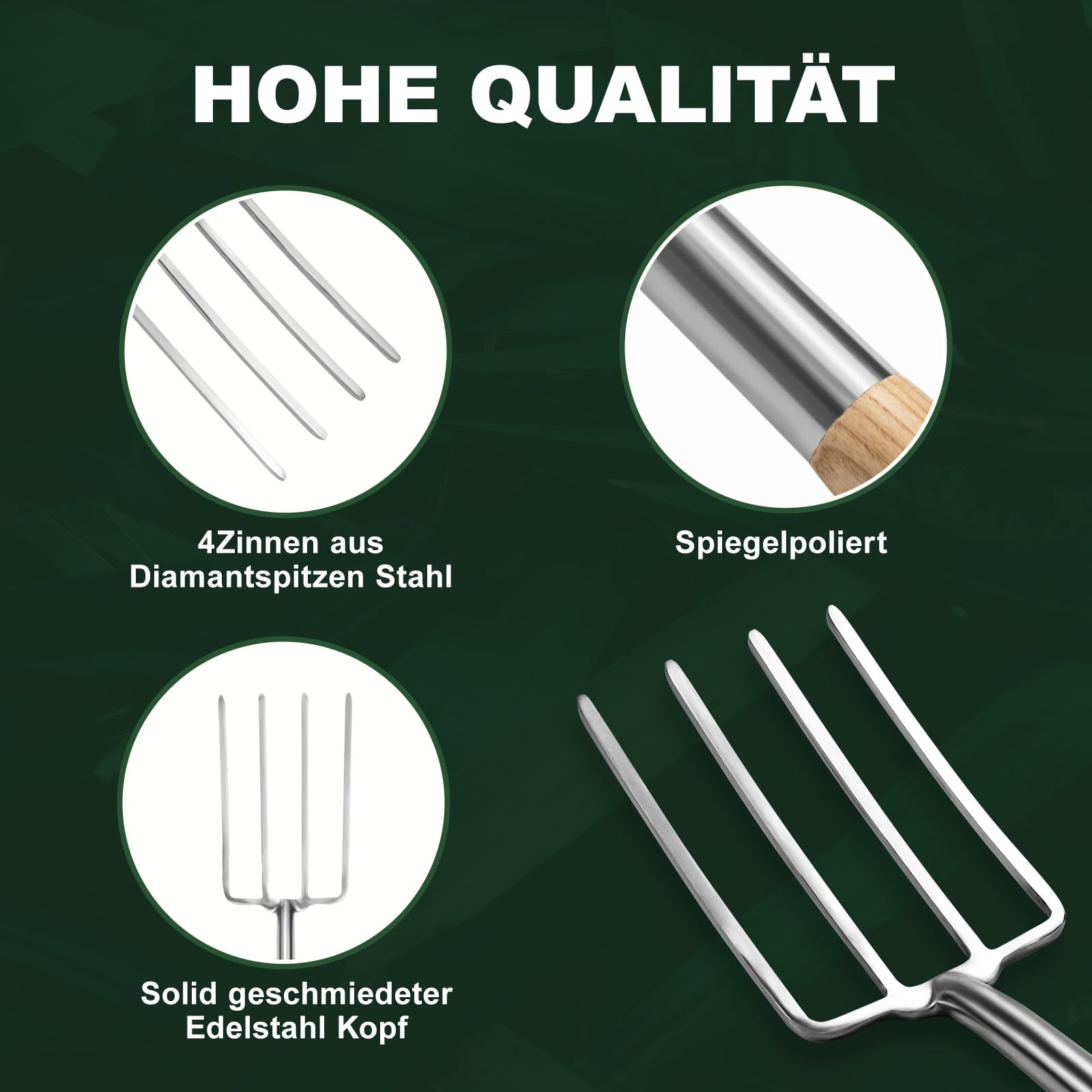 Grabegabel, Edelstahl Spatengabel, Mit Ergonomischem D-Griffholzgriff, Mit 4-Krallen, Länge: 109cm
