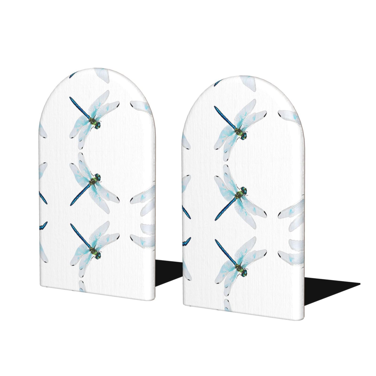 Dragonfly Print Stylish Bookends with Full-Print Design Durable Wooden and Metal Bookend Set for Home, Office