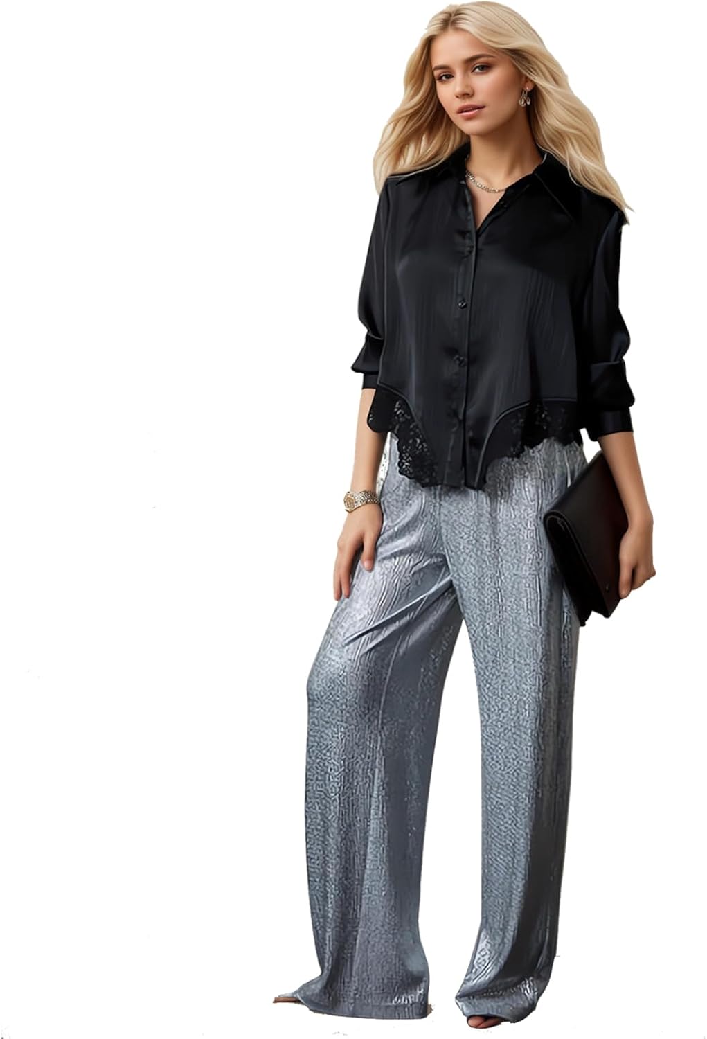 Women Button Down Shirts Casual Long Sleeve Chiffon Work Office Tops Lace Patchwork Blouse - Image 3