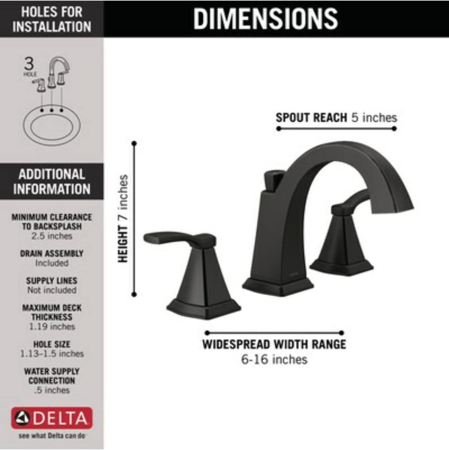 Delta Flynn Two-Handle Widespread Bathroom Faucet, Matte Black, Modern Style, 3-Hole, 6-16 Inch Installation, WaterSense Labeled, ADA Compliant Lever Handles