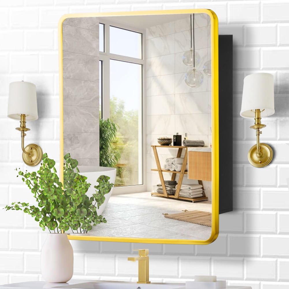 Movo Gold Metal Framed 24 Inch x 30 Inch Bathroom Medicine Cabinet with Mirror Aluminum Farmhouse Vanity Mirrors Recess or Surface Mount Installation 24"W x 30"H Gold