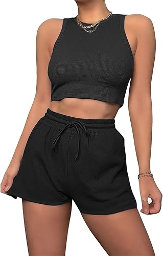 Dnzzs Conjunto de 2 piezas para mujer conjunto de descanso sin mangas con parte superior corta pantalones cortos estilo gofre casual ropa de