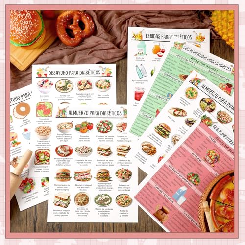 Image of Sinload 12 Pcs Spanish Diabetes Food List Posters Spanish Diabetic Meal Chart Information Diet Plan, Low Carb Foods List for Blood Sugar Control