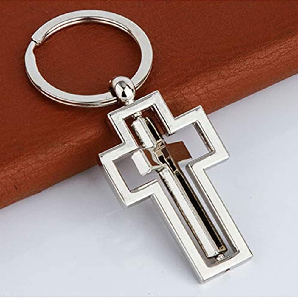 Cross Keychain Rotating Cross Keyring Mental Metal Cross Key Chain Gift Silver - Image 2