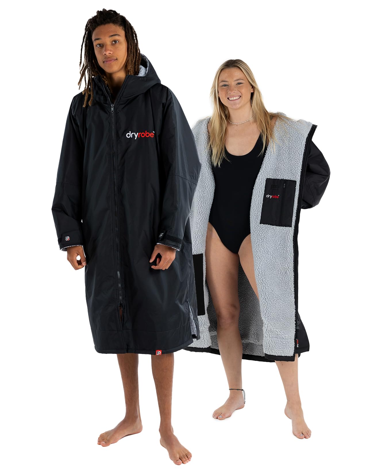 Dryrobe Advance Waterproof Changing Robe - LONG SLEEVE Oversized Change Robe Coat with Fleece Lining - Hooded Jacket for Beach, Wild Swimming, Surfing Adult Large - Black/Grey