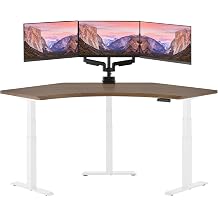 Vari Command Center Electric Standing Desk 120 Curved Sit-Stand Gaming Desk Corner Workstation for Triple Monitors + Sloped Front Edge, 4 Height Settings, 200 lb Capacity Walnut Top/White Legs