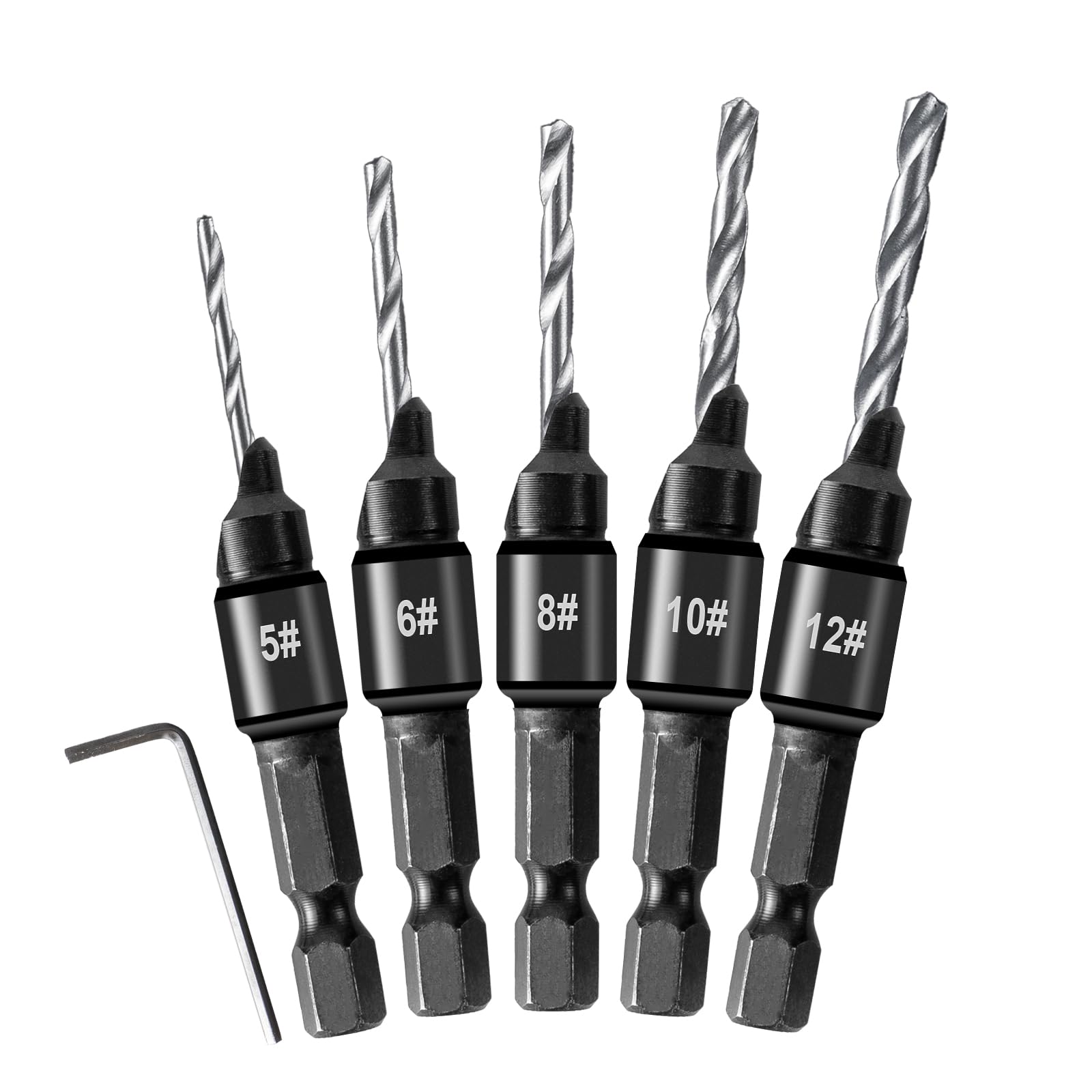 6 PCS Countersink Drill Bit Set, 5 PCS Quick Change 1/4inch Hex Shank Countersink Bit, 1 PCS Hex Wrench