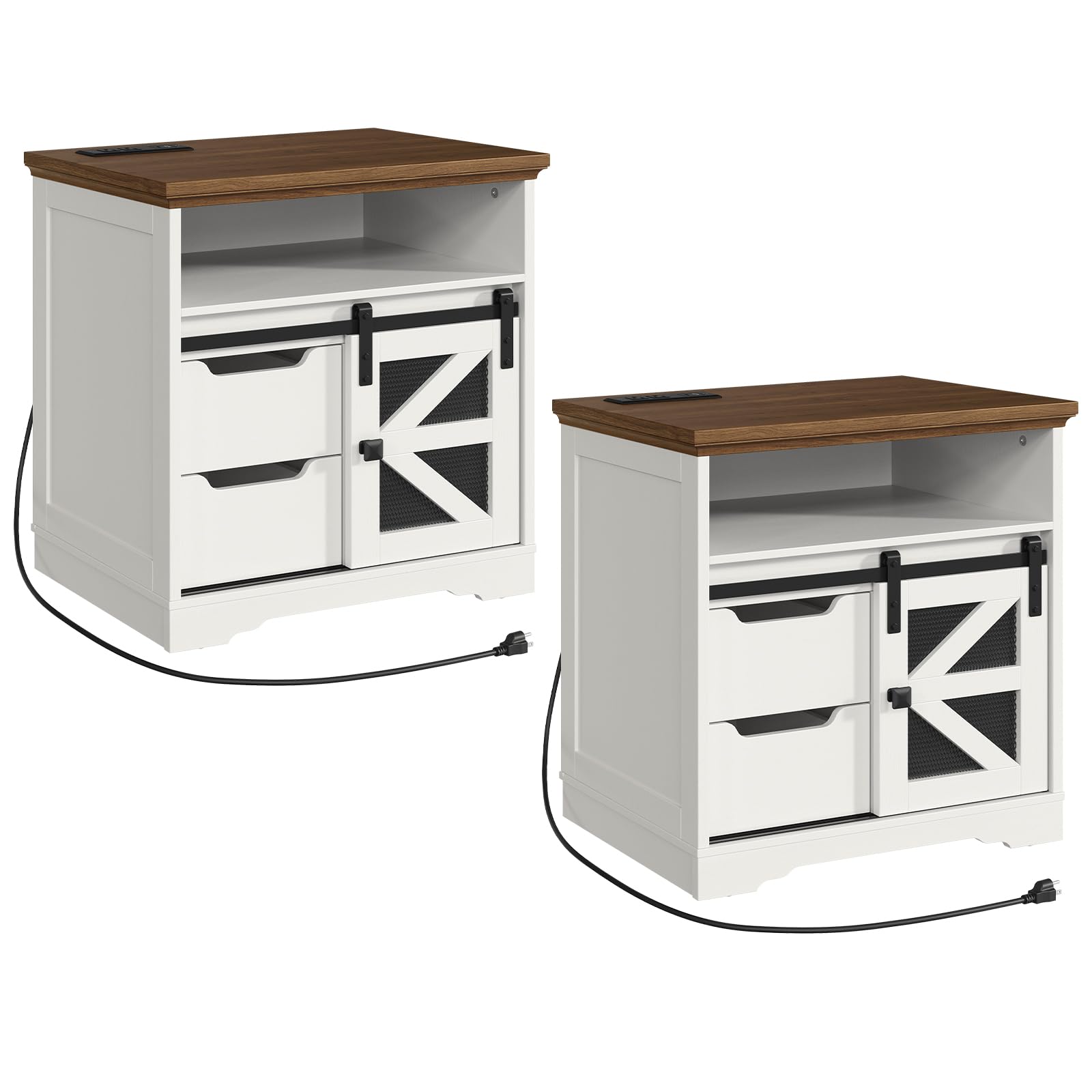 RALGEND Farmhouse End Table Set of 2, Sofa Side Table with Charging Station, Bedside Table with 2 Drawers and Barn Door, Rustic Wooden Nightstand for