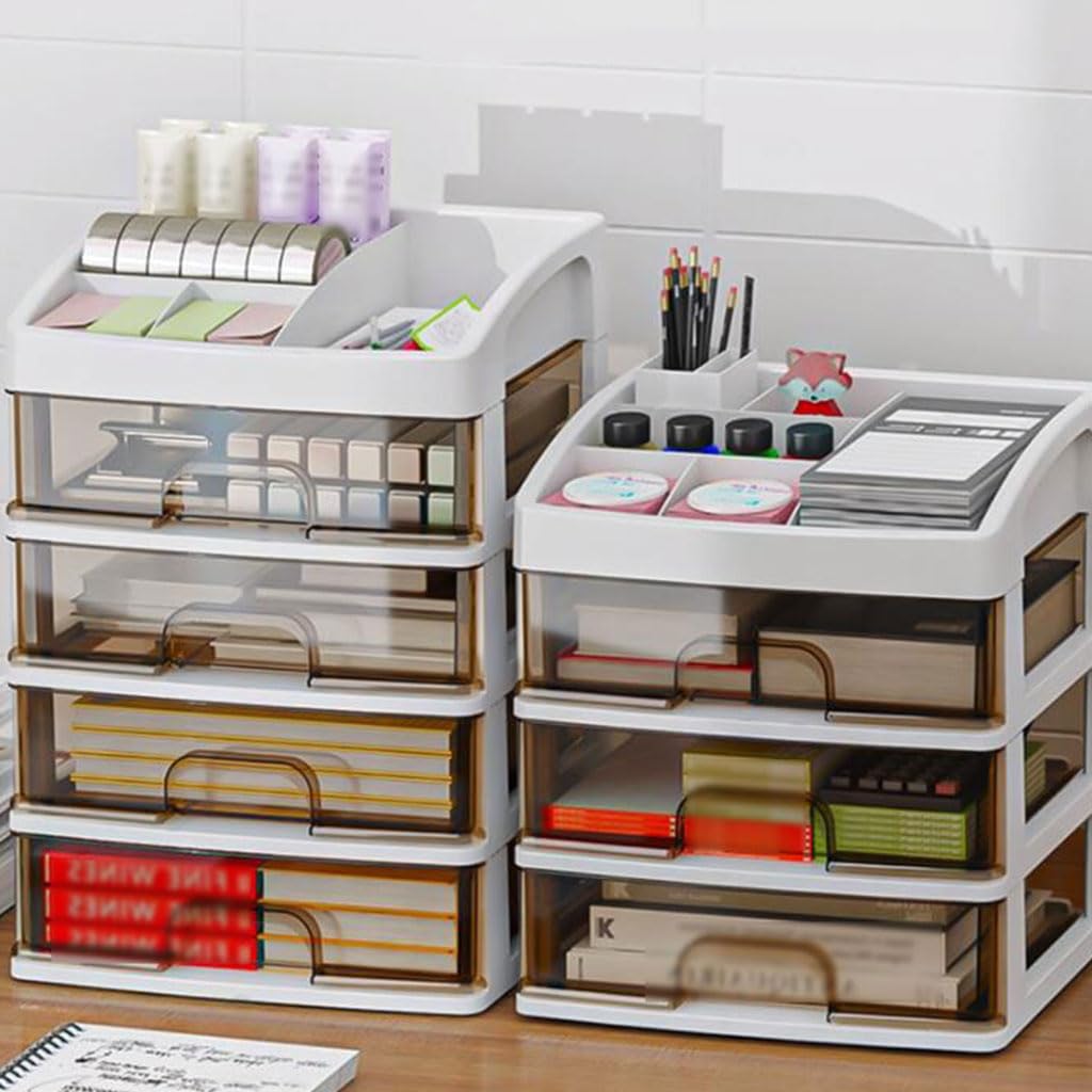 Elegante portapenne da bancone, Scatola portaoggetti in plastica per cancelleria con cassetto, Grande capacità, portaoggetti da scrivania con portapenne per casa, Multifunzionale
