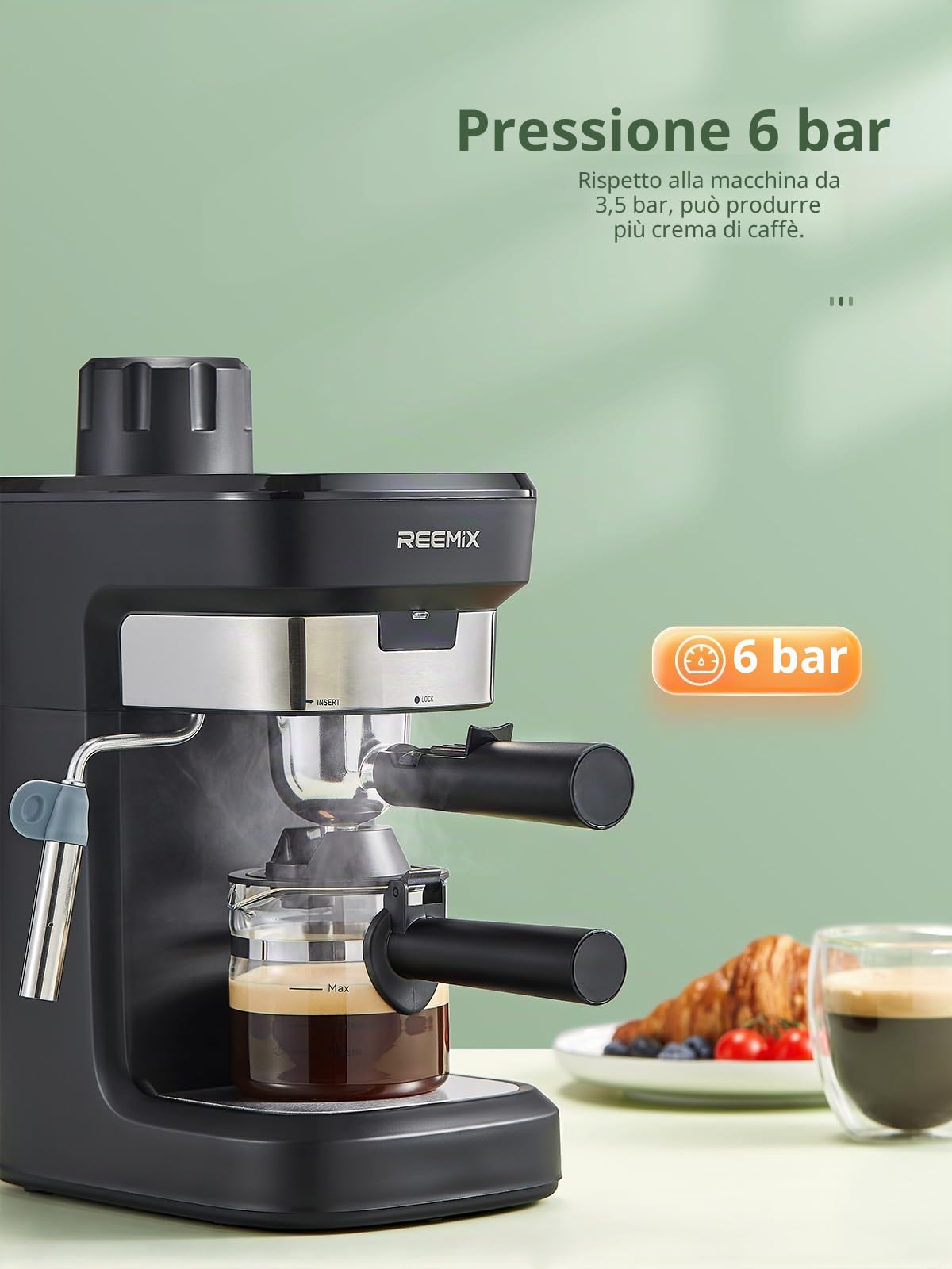 Reemix Macchina Caffè Macinato 6 Bar, Macchina da Caffè Espresso Manuale con Funzione Vapore, Schiuma di Latte Cremosa, Cappuccino Professionale, Piano Scalda Tazze, Misurino e Pressino Inclusi, Nero