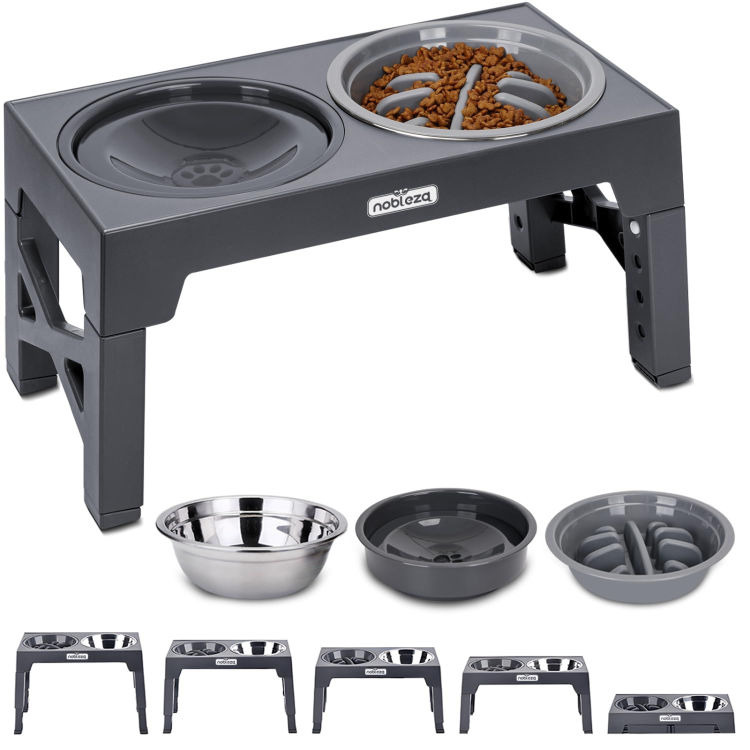 Nobleza Comedero Perro Elevado de 5 Alturas Ajustables, 1 x 800ml Comedero Bebedero Antigoteo, 1 x 1100ml Comedero Bebedero de Acero y 1 x 800ml Comedero Perro Antivoracidad, Gris