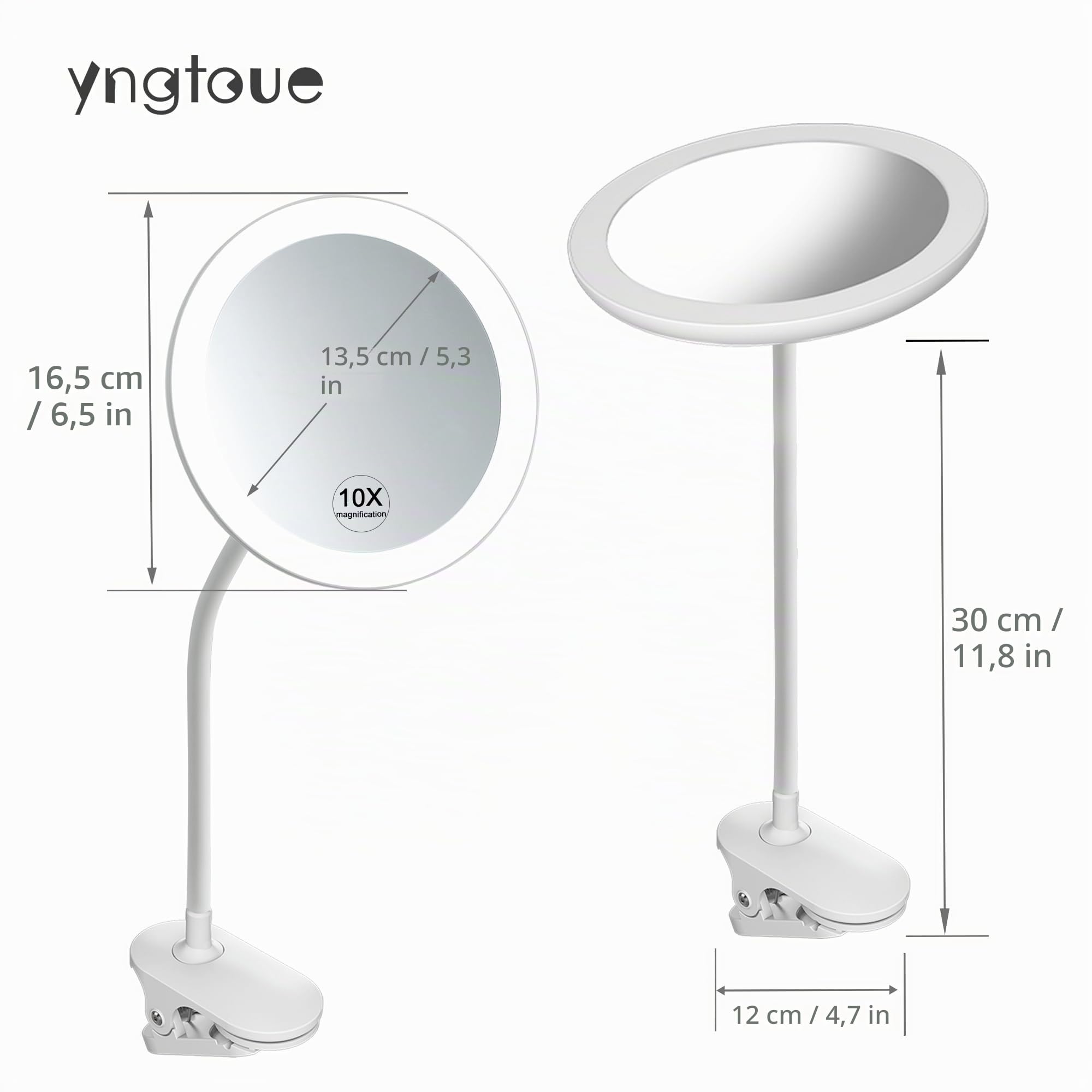 YNGTUOE 16,5 cm beleuchteter Clip-On-Schminkspiegel, Schwanenhals-Reisespiegel, 5-fache Vergrößerung, USB-Lade-Rasierspiegel für den Schreibtisch (weiß, 5-Fach)