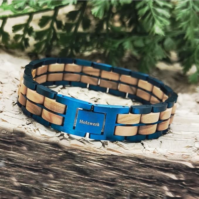 Holzwerk OBERSEE Natur Holz Armband für Damen und Herren Holzarmband Herrenarmband Damenarmband Braun Blau Einstellbar inkl. Armbandkürzer und Aufbewahrungsbox