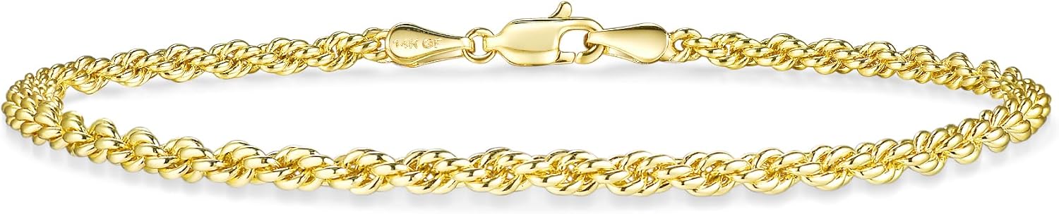 HIKARITO 3mm Gold Chains Bracelet for Men & Women Twisted Rope Chain Bracelet 14K Gold Twisted Link Chain Bracelet for Women , Rope Chain Braided Spiral Link Bracelet, Non Tarnish Hypoallergenic Chunky or Dainty Gold Bracelets Jewelry Gift 7.5/8/8.5in