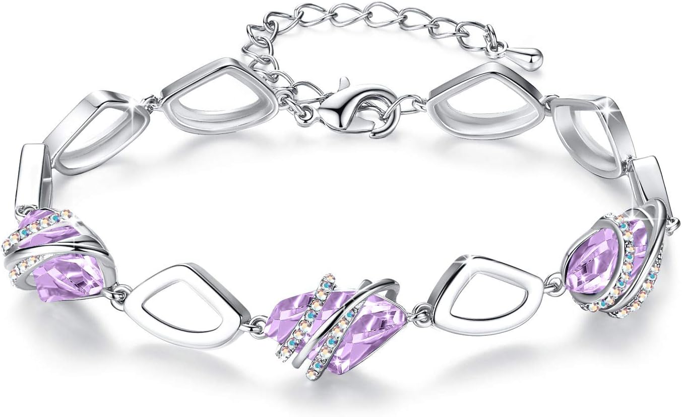 Leafael Wishstone Crystal Link Charm Bracelet, Birthstone Bracelets with Healing Stones, Allergy-Free Jewelry for Women with Gift Box, Silver-Tone or Rose Gold Plated Bracelets For Women