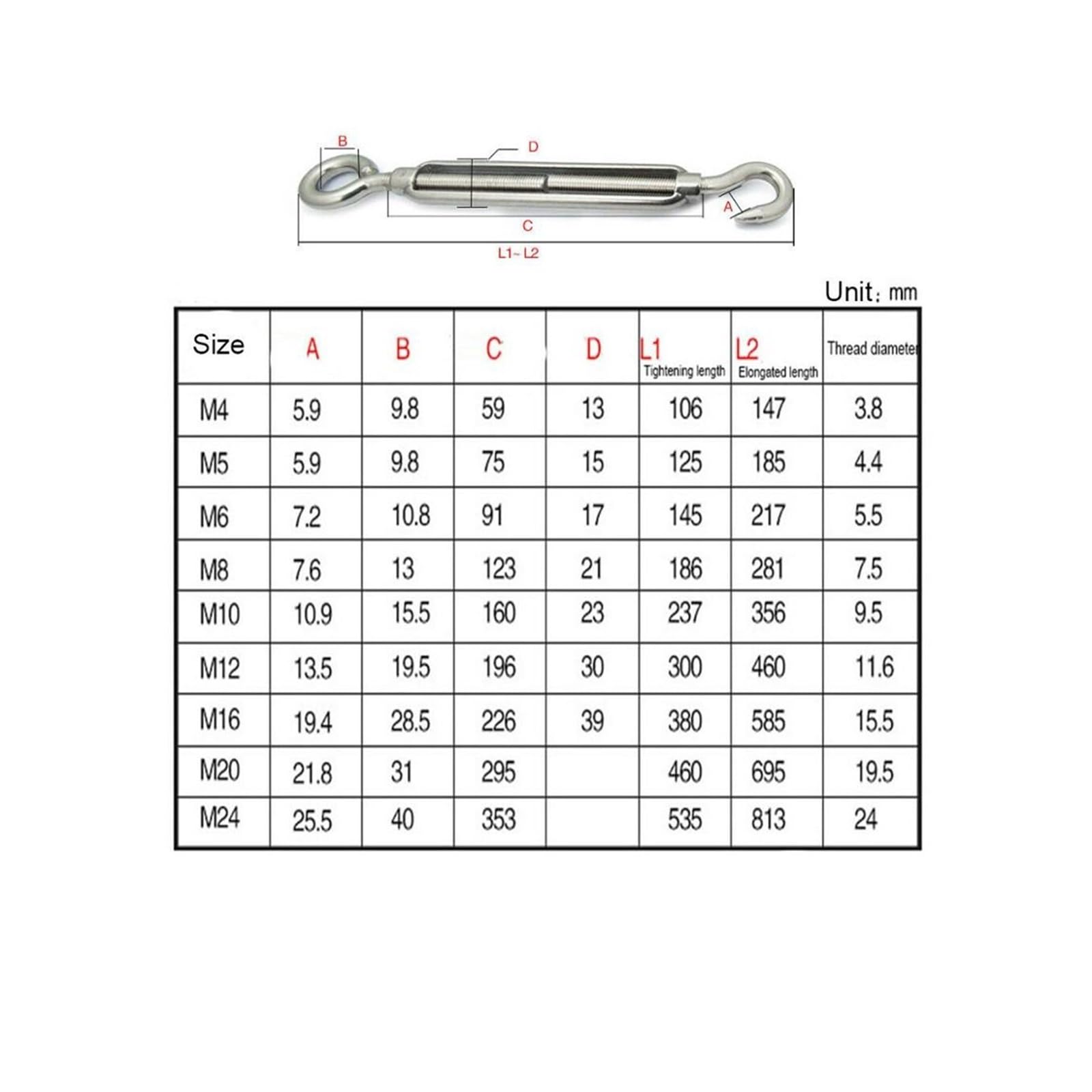 Tenditore a Vite per Cavi, Tenditore in Acciaio Inossidabile 304 Corpo Aperto e Chiuso Gancio for Barca Marino Occhio M4-M20 1 Pezzo(Open Body,M10)