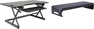 Rocelco 46" Large Height Adjustable Standing Desk Converter with ACUSB Double Monitor Mount Stand Bundle - Sit Stand Up Computer Workstation Riser - Retractable Keyboard Tray - Black (R DADRB-46-DMS)