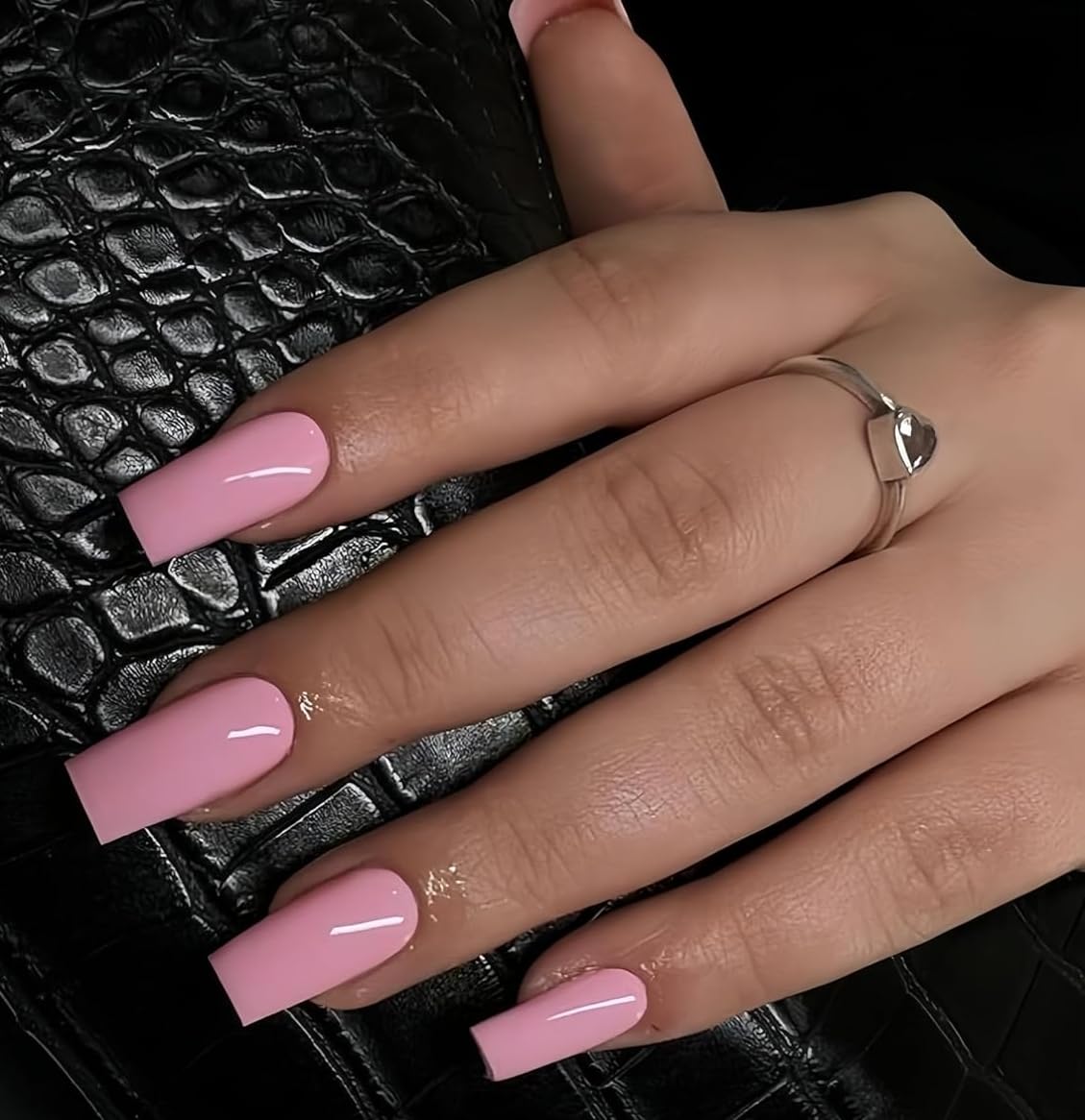KQueenest Baby Pink Press on Nails Long Square, Light Pink False Nails Long Medium Coffin