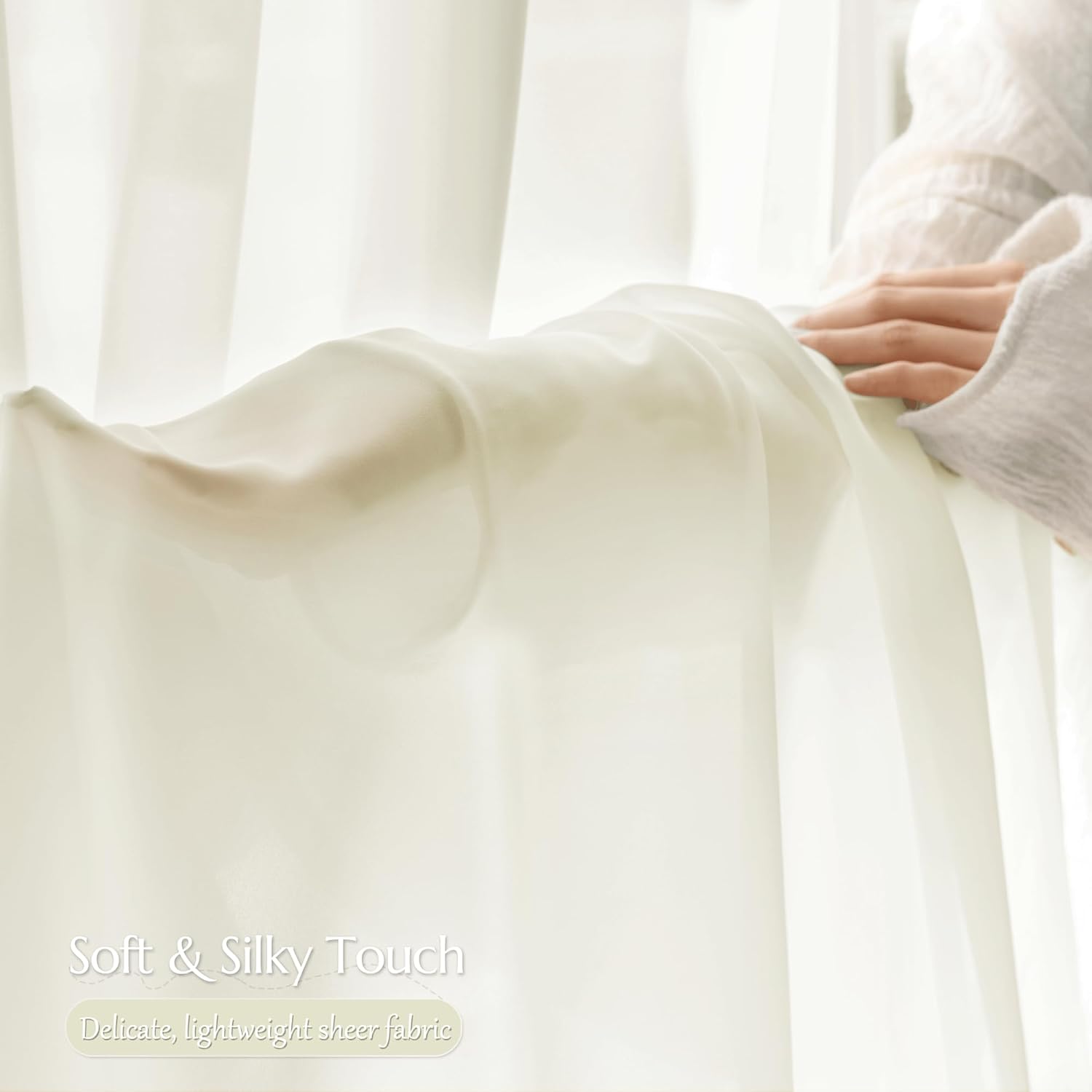 Beauoop Warm Cream Semi Sheer Curtains 96 Inches Long 2 Panels for Living Room Bedroom Faux Silk Light Filtering Non-See-Through Privacy Airy Rod Pocket Voile Window Treatment Drapes, 52x96 Set of 2