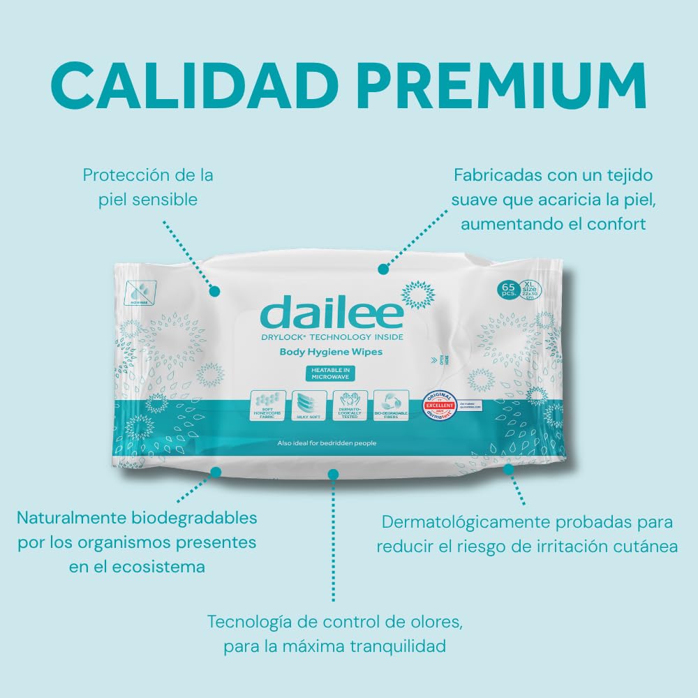 Dailee Toallitas Húmedas Adultos - 520x Toallitas XXL Higiene Corporal e Intima - Grandes, Suaves, Humedas, Calentables en Microondas y Biodegradables - 8 Paquetes de 65 Unidades