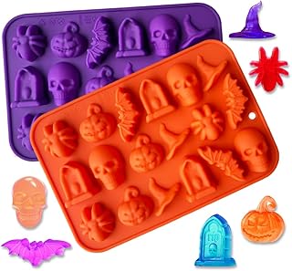2 Pack Halloween Chocolate Mold Pumpkin Bat Skull Tomb Spider Shape Silicone Mold for Chocolate Candy Gummy Jello Ice Cube Melt Biscuits Cake Decoration Silicone Baking Mold for Halloween Party Props