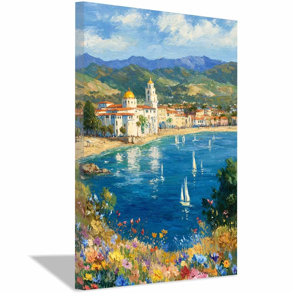 HOQIU Natural scenery wall art Mediterranean Coastsal Town decorative painting, wall art, for Living Room Bathroom Bedroom Kitchen Decoration.(Multicolor)-70x100cm Framed