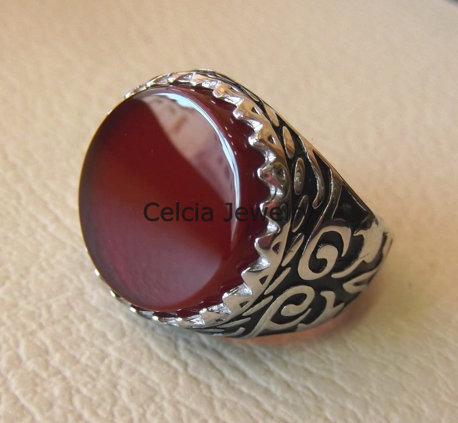 Natürlicher Karneol roter Edelstein runder Ring, massiver 925er Sterlingsilber, Hochzeitsgeschenkring, Siegelring, Versprechenserklärungsring, silberner Emaillering, Herrengeschenke (Karneol)