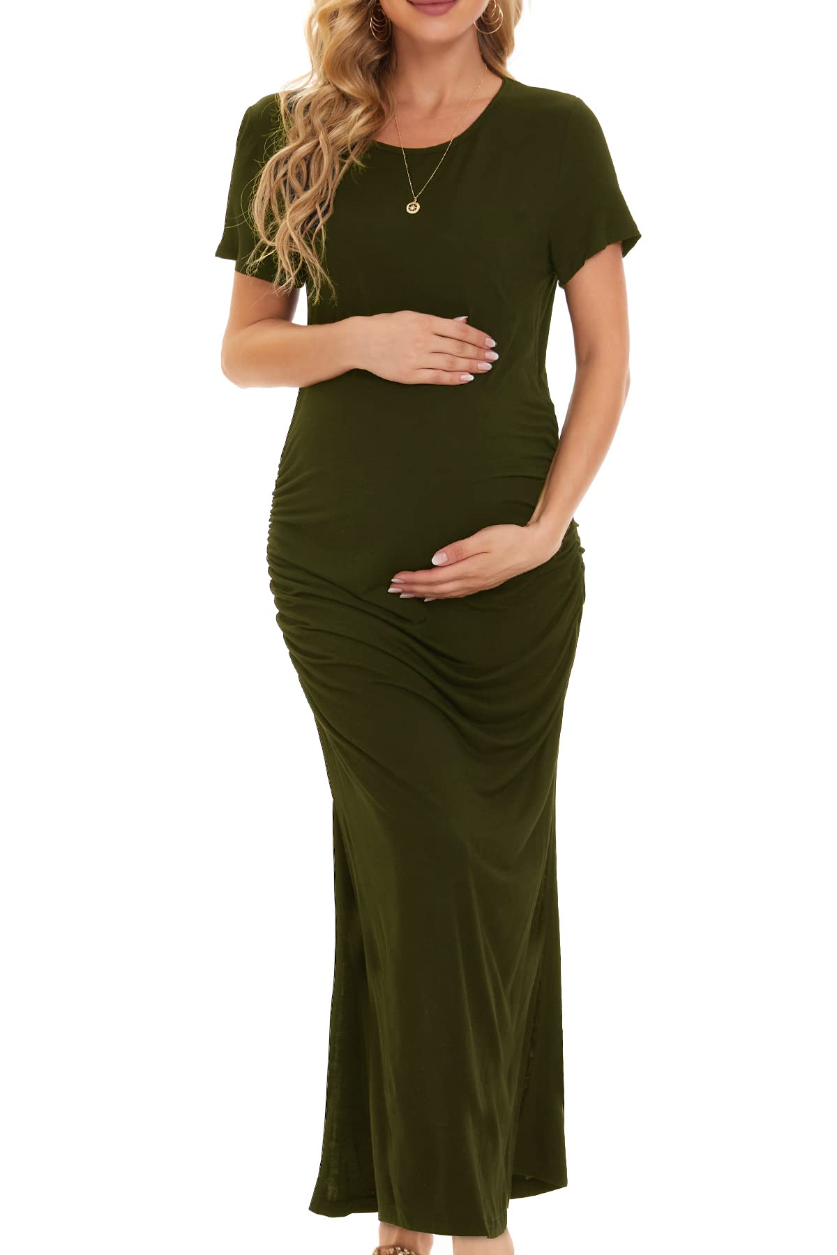 Smallshow Femme Longue Robe Grossesse Fente latérale Robes Maternité Army Green M