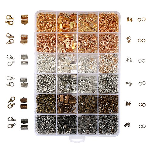 OPount 24 Style 2400 Pcs/Box Jewelry Making Kit 6 Colors with Open Jump Rings, Lobster Clasps, Cord Ends and Ribbon Ends