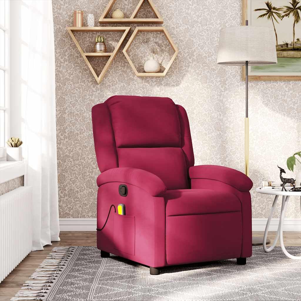Massagesessel Weinrot Samt mit 6-Punkt-Vibrationsmassage, manuelle Liegefunktion bis 135 Grad, Holz-Metall-Rahmen, Seitentasche, 71x86,5x99,5 cm für Wohnzimmer und Schlafzimmer Relaxsessel