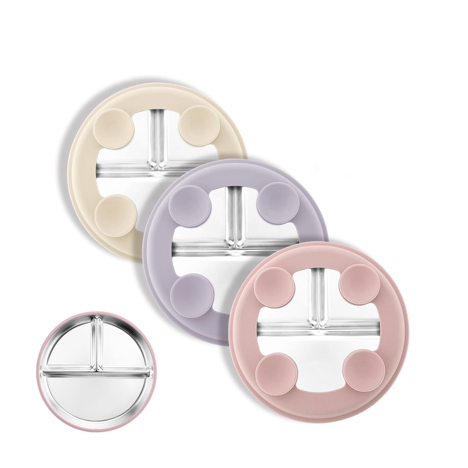 Photo 1 of Bakpoco Stainless Steel Suction Plates for Toddlers, 8" Divided Kids Baby Plates with Removable Silicone Suction, Non Toxic Non Slip Portion Control Snack Dishes 3 Packs, Pink Beige Lilac