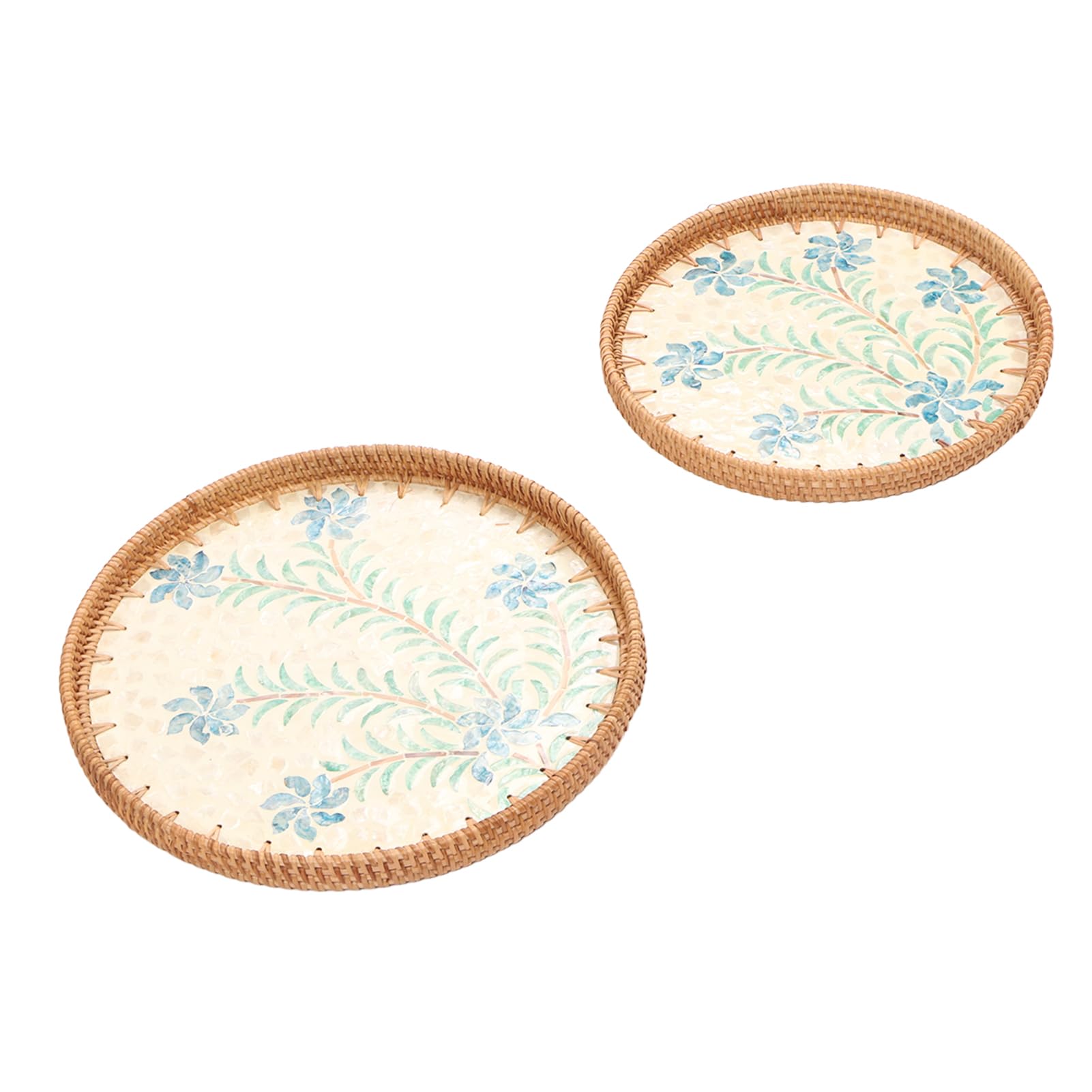 2 Piezas Bandeja Redonda para Aperitivos Tejida a Mano en Ratan, Estilo Artesanal Tradicional, Bandeja Decorativa Ecológica para Frutas y Snacks, Diámetro 30 cm y 35 cm (Patrón de cymbidium)