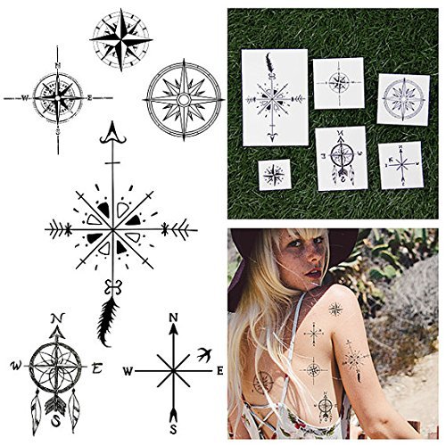 Tattify Assorted Compass Temporary Tattoos - Never Eat Soggy Waffles (Set of 12 Tattoos - 2 of each Style) - Individual Styles Available and Fashionable Tattoos