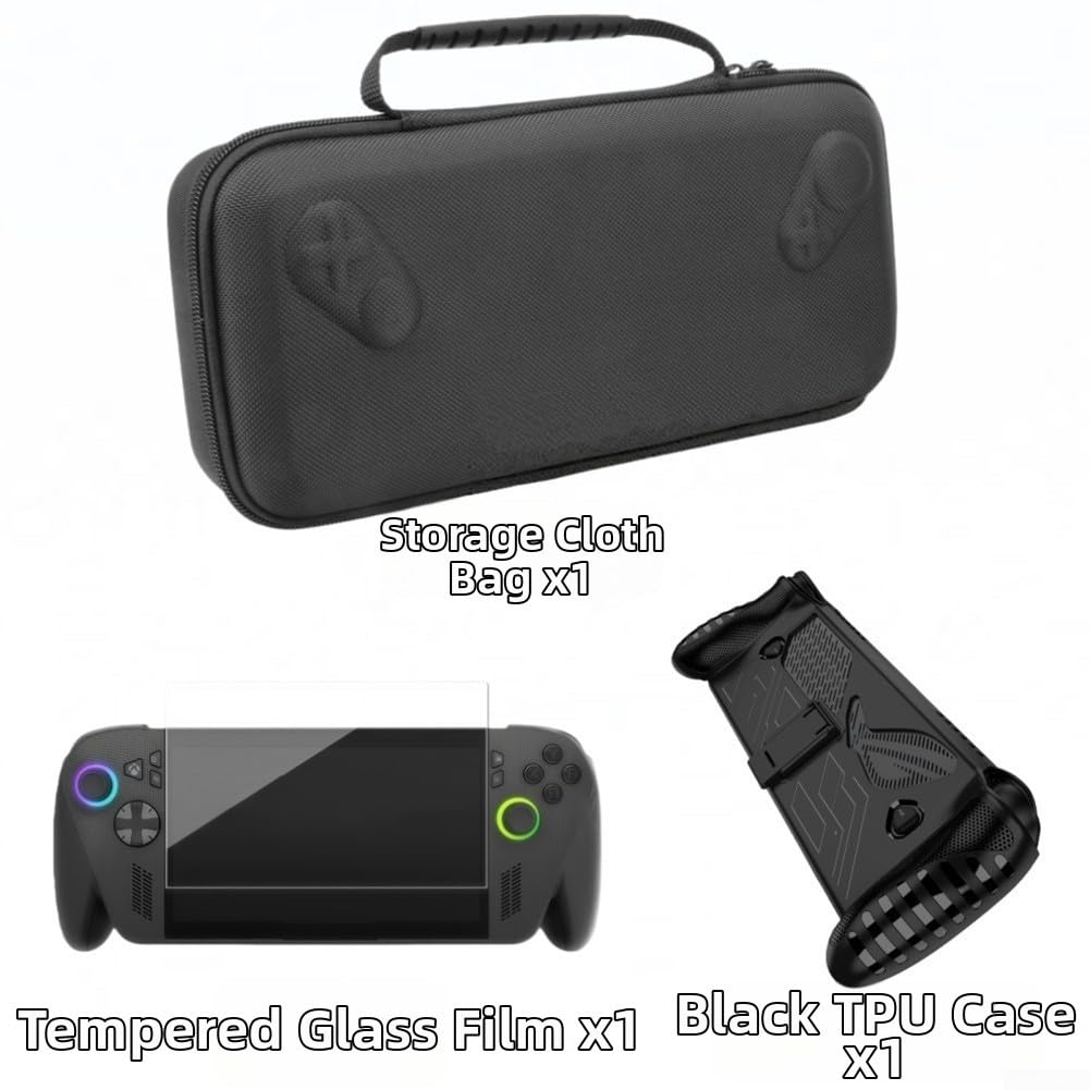 Schutzhülle & gehärtetes Glas für ROG für Xbox Ally-X Konsole Aufbewahrungstasche Set, Soft für TPU Cover Skin Shell, rutschfeste und kratzfeste Abdeckung (Schwarz)