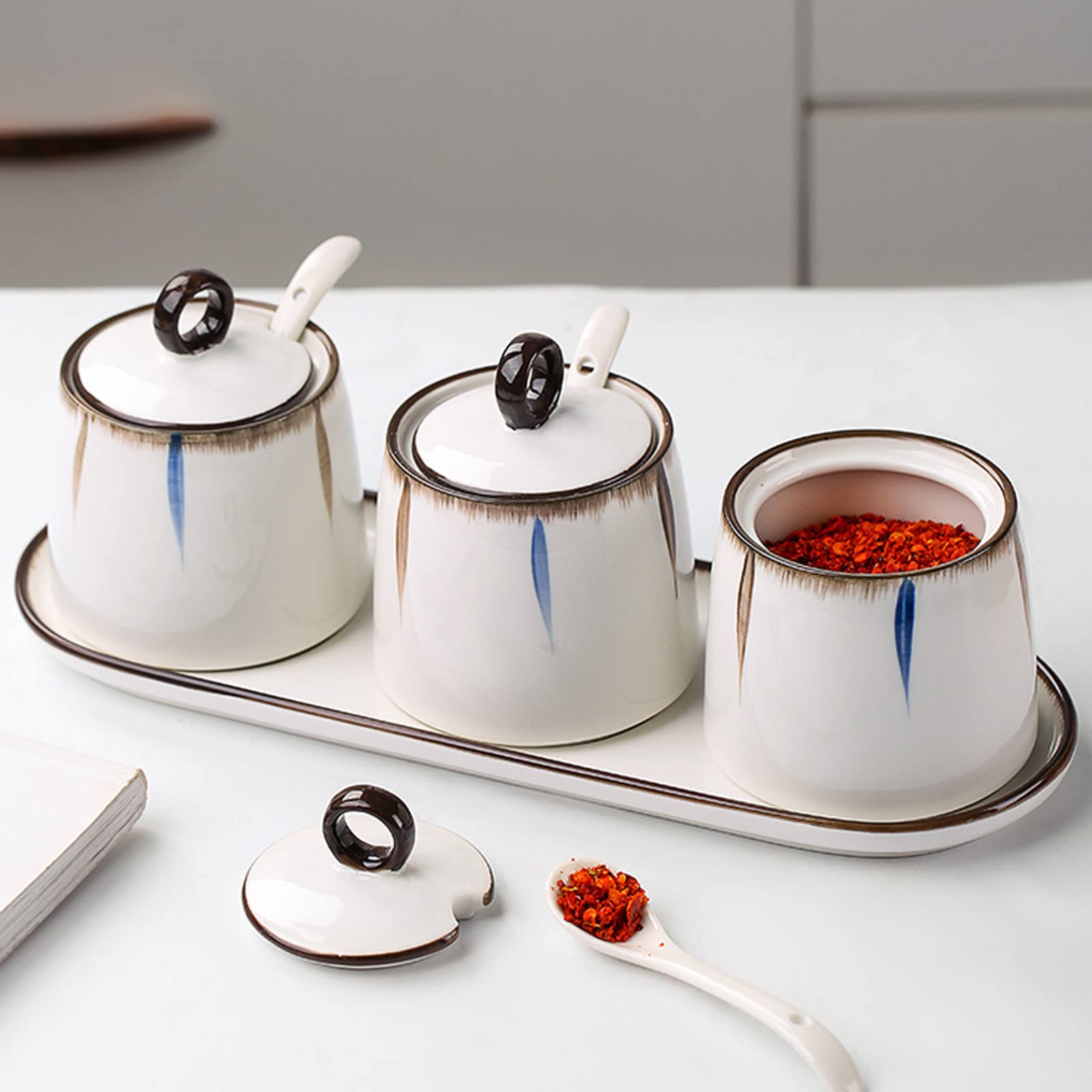 Sucrier en céramique,Contenants à épices, Sucrier avec Couvercle et cuillère, boîtes à Sucre à café en céramique, Pot à épices, Pot à sel, boîte d'assaisonnement-1 (Color : 3 Set of)