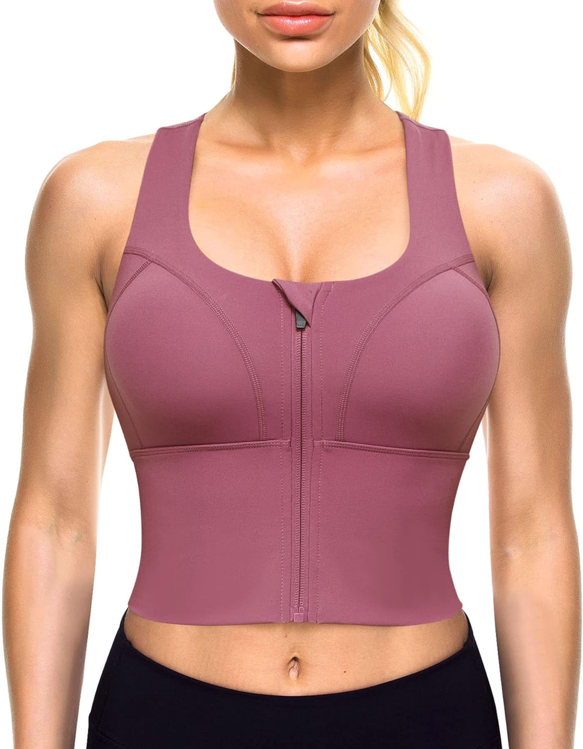 GLAMORASWomen Polyester Spandex Medium Impact Front Zip Sports Bra Longline Fitness Criss Cross Back Crop Tops Tank Gym Yoga Workout, Size: M-2XL