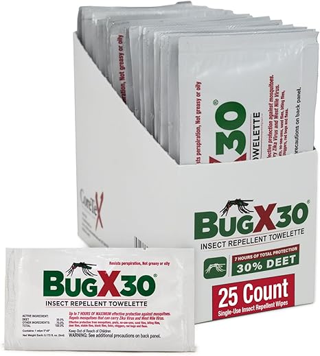 CoreTex Bug X 30 Mosquito, Tick, & Insect Repellent Wipes with 30% DEET - Pack of 25 Single-Use Bug Repellent Wipes for Up to 7 Hours of Reliable Protection Against 12 Types of Biting Insects CoreTex Bug X 30 Mosquito, Tick, & Insect Repellent Wipes with 30% DEET - Pack of 25 Single-Use Bug Repellent Wipes for Up to 7 Hours of Reliable Protection Against 12 Types of Biting Insects