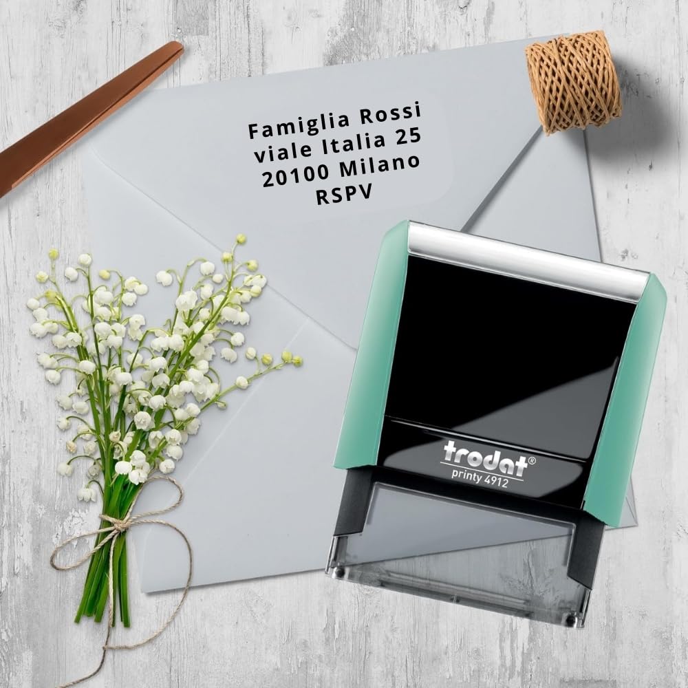 Trodat Timbro Verde Pastello Autoinchiostrante Autocomponibile Fai-Da-Te Printy 4912 Typo, 47x18 mm, Max 4 Righe, Inclusa Cartuccia Inchiostro Nero, con Pinzetta e 2 Set di Caratteri, Icone e Numeri