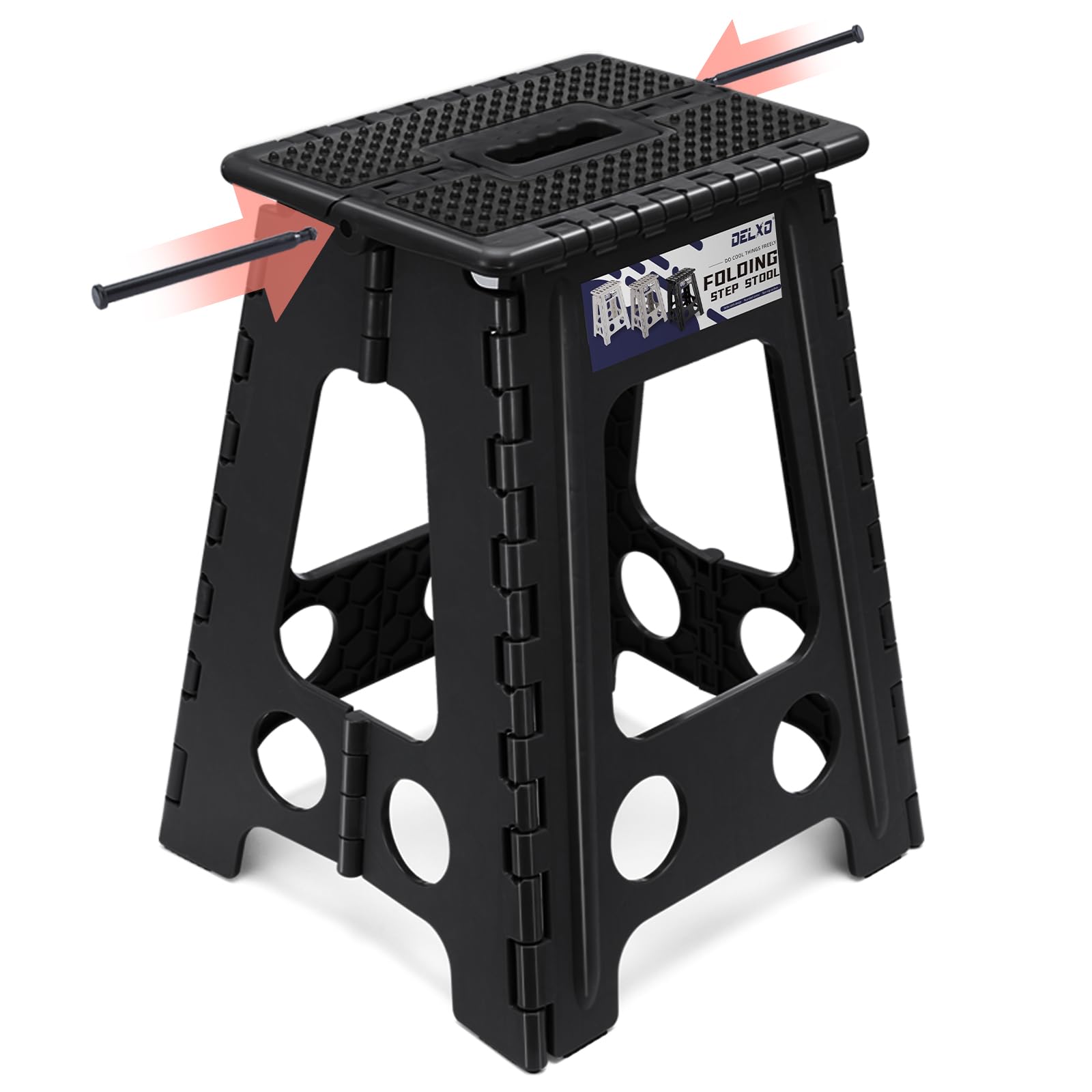 Delxo Folding Step Stool 18 Inch,Non-Slip Foldable Stools for Kids & Adults Up to 300 LBS,Kitchen Collapsible Fold Up Stepping Stool with Dotted 1 Pack,Black