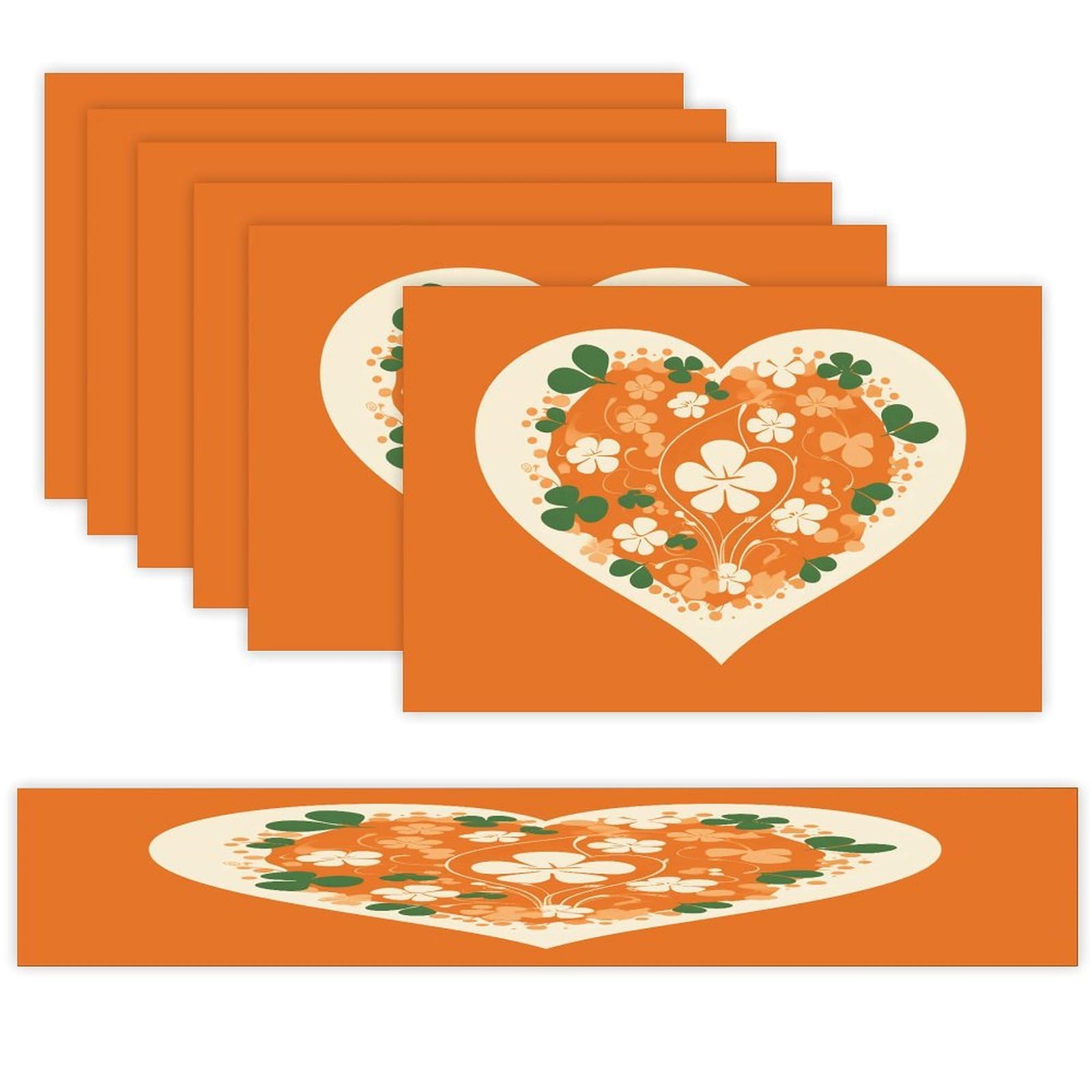 Heart Shape on Background Table Runner and Placemats Set of 6 for Kitchen Washable Table Mats Heat Resistant Place Mats Non-Slip Place Mat Wipeable Placemat(6 Placemats+1 Table Runner)