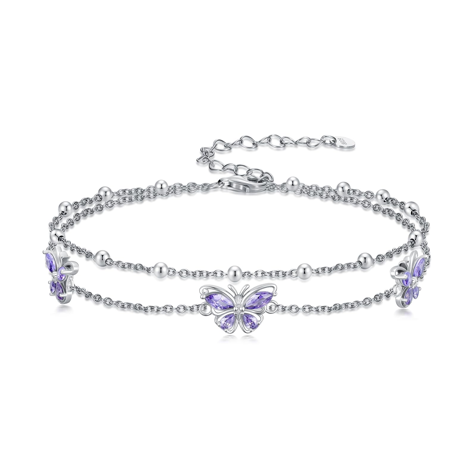 PROESS Schmetterlings Armband 925 Sterling Silber Glieder lila Doppel Armband Schmetterlings Schmuck Geschenke für Frauen Freundin Sie