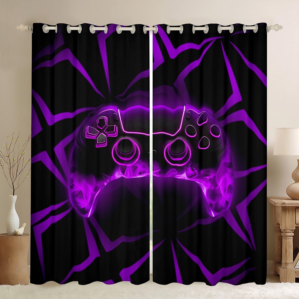 Manfei Games Kids Blackout Curtain Black Purple Flame Gamepad Window Drapes for Boys Girls Room Decor, Geometric Gaming Window Treatments, Grommet Top 2 Panel Set Bedroom Curtains, 66Wx90L inch โ image 1
