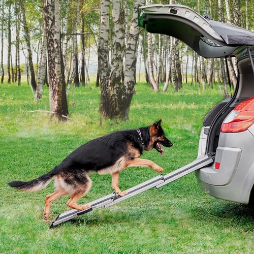 Hunderampe Auto Klappbar- Teleskop Alu Rampe für große Hunde - Stabile Hundetreppe Auto & SUV - rutschfest - Reflektierende Seiten - Hundeleiter Auto - 90kg Belastbarkeit - Befestigungsclip - Schwarz